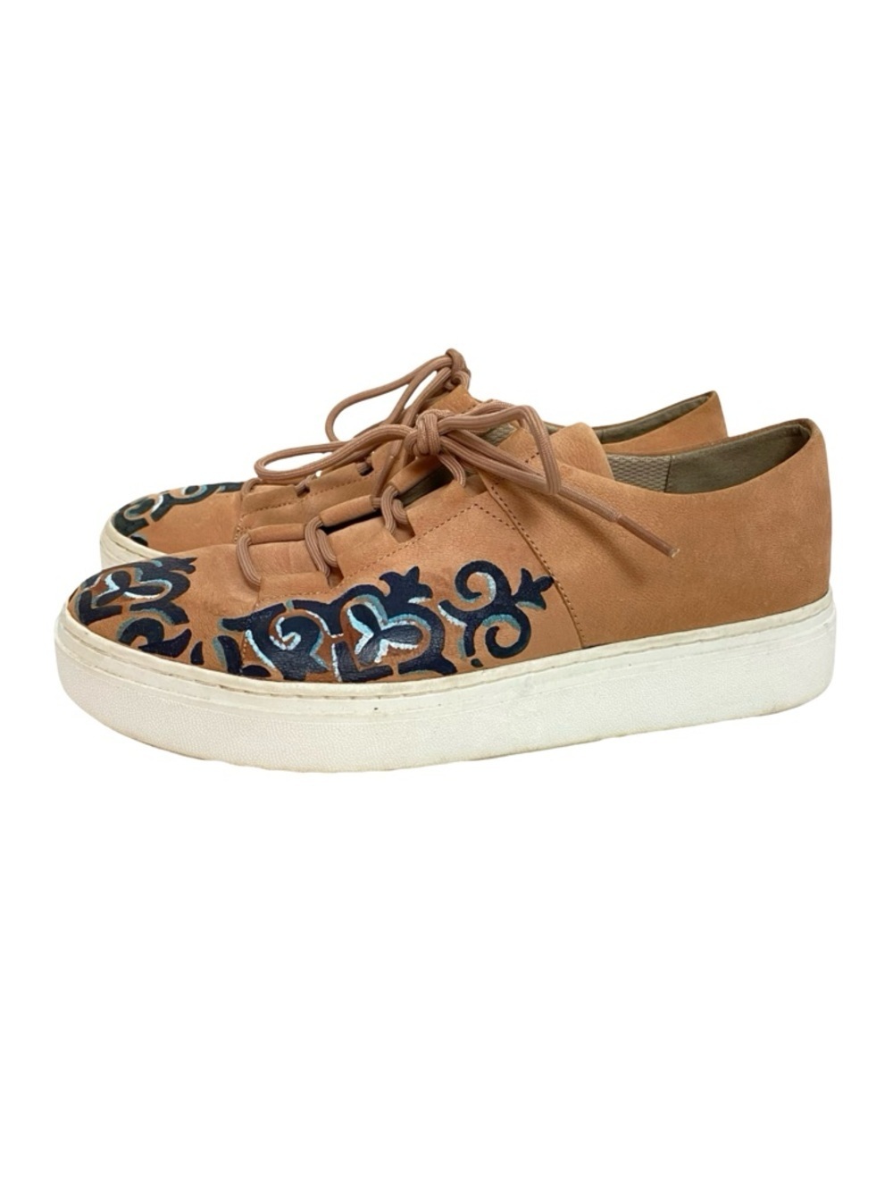 Eileen Fisher Suede Shoes Womens Size 9 Tan Blue Hand Painted Sneakers Lace Up